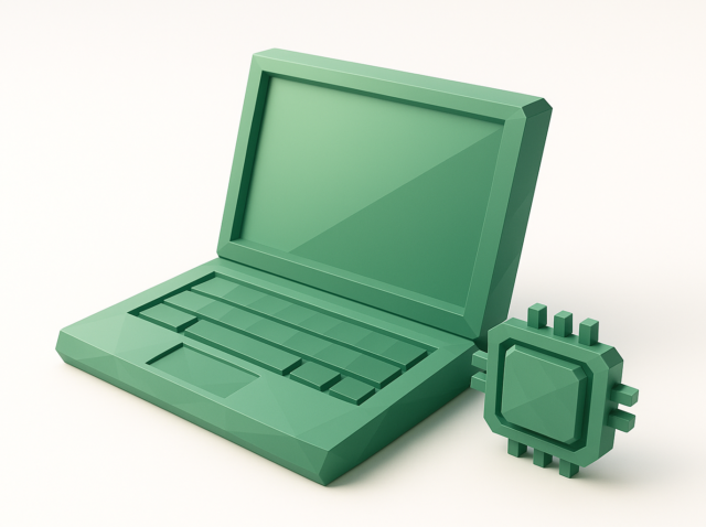 Nano yapay zeka modellerinin yerel çıkarım için dizüstü bilgisayarlarda ve uç cihazlarda yerel olarak çalıştırılmasını simgeleyen düşük poli yeşil dizüstü bilgisayar ve mikroçip illüstrasyonu - 2026 kılavuzu