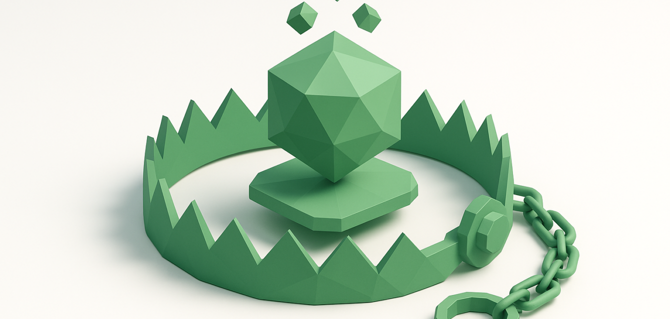 Low-poly green bear trap encircling a central geometric hub with floating cubes, metaphor for the SaaS trap and consolidating tools using n8n automation
