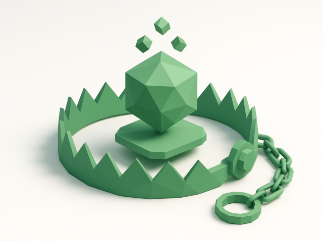 Low-poly green bear trap encircling a central geometric hub with floating cubes, metaphor for the SaaS trap and consolidating tools using n8n automation