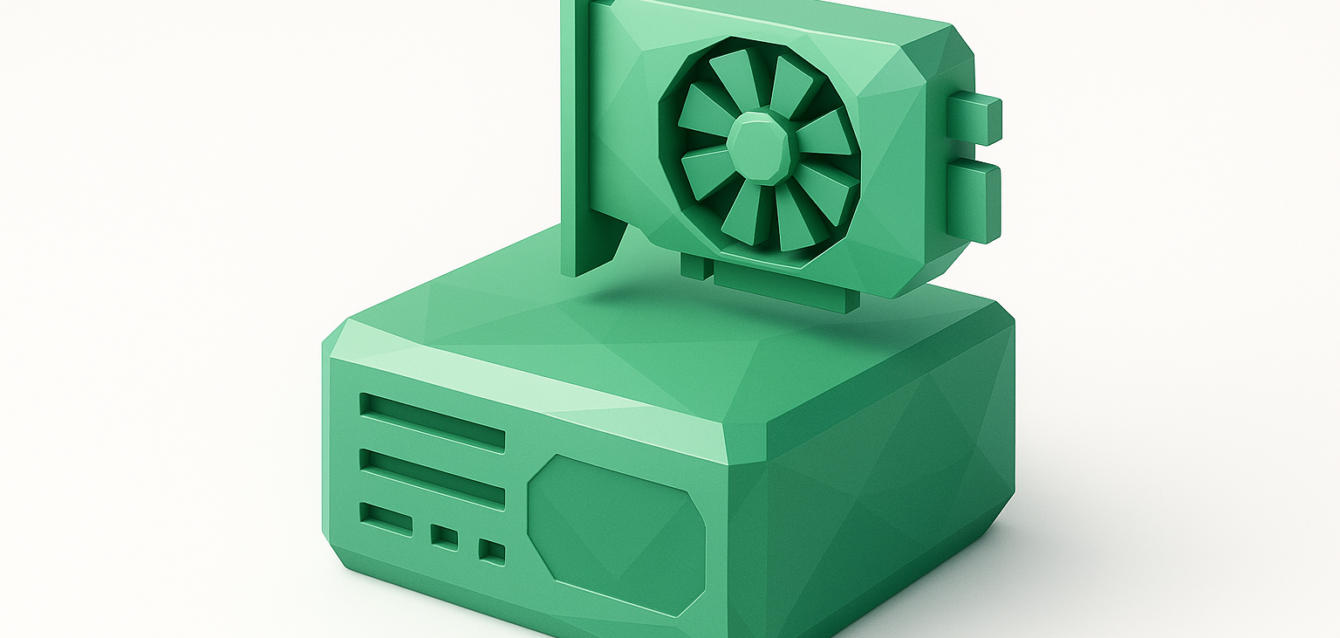 3D low-poly green GPU graphics card mounted on a compact server box, concept illustration for serverless GPU hosting and AI infrastructure (2026 guide)