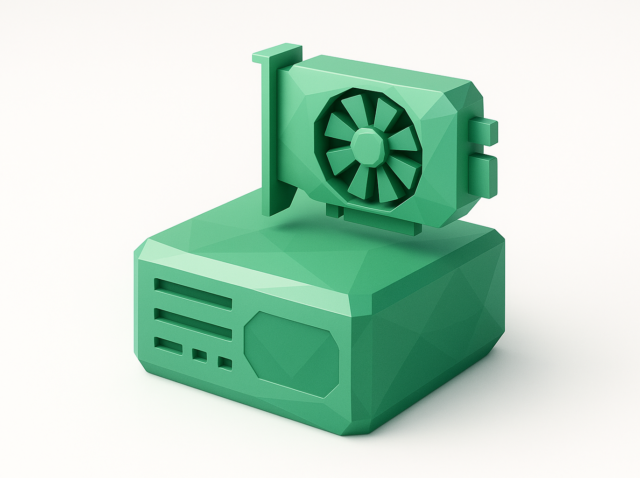 Kompakt bir sunucu kutusu üzerine monte edilmiş 3D düşük poli yeşil GPU grafik kartı, sunucusuz GPU barındırma ve yapay zeka altyapısı için konsept illüstrasyon (2026 kılavuzu)