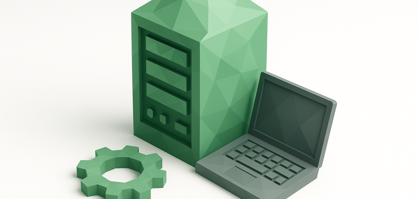 Low-poly green server tower, laptop, and gear icon on white background representing on-prem local LLM setup for CrewAI 2026 guide