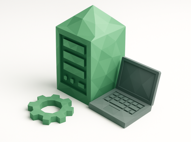 Low-poly green server tower, laptop, and gear icon on white background representing on-prem local LLM setup for CrewAI 2026 guide