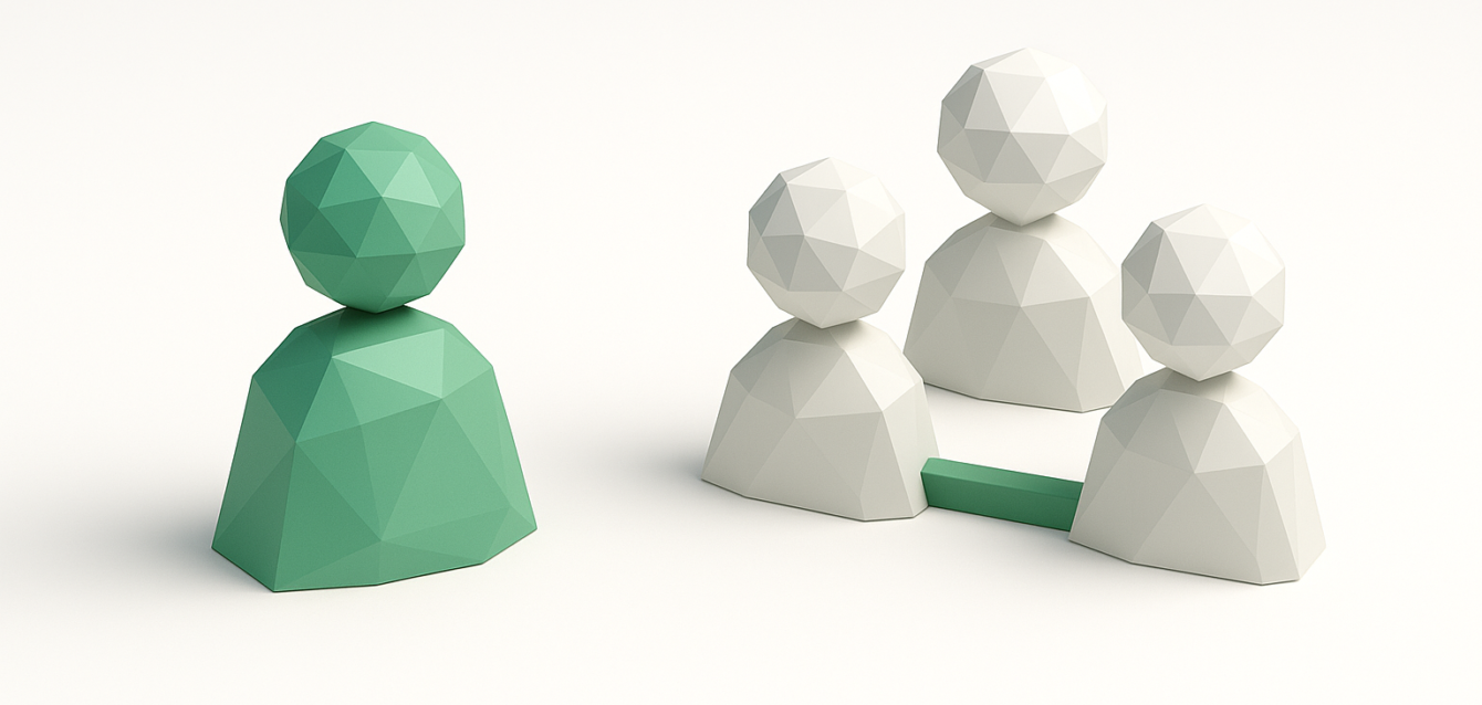 Single Agent vs Multi-Agent Architecture Illustration 3D low-poly illustration of a single green agent separated from three connected white agents, representing single-agent vs multi-agent architectures