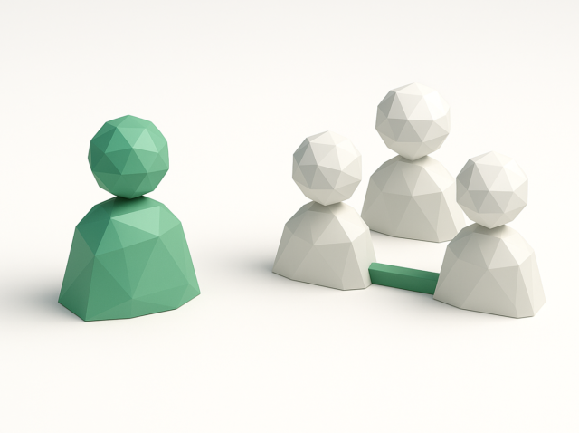 3D low-poly illustration of a single green agent separated from three connected white agents, representing single-agent vs multi-agent architectures