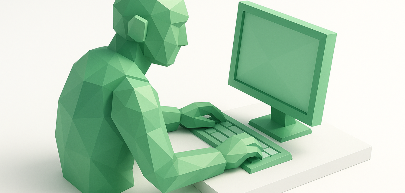 AI-Driven Workflow Automation Illustration — 2026 Business Guide Low-poly green figure typing at a desktop computer, symbolizing AI-driven workflow automation for businesses — 2026 guide