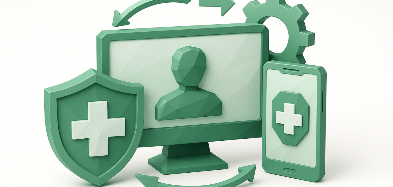 3D green illustration of telehealth workflow automation showing a computer with patient avatar, mobile device, shield with medical cross, gear and sync arrows symbolizing secure automated telemedicine integration