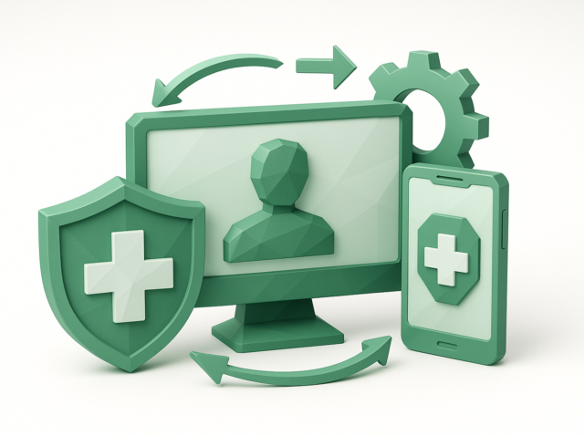 3D green illustration of telehealth workflow automation showing a computer with patient avatar, mobile device, shield with medical cross, gear and sync arrows symbolizing secure automated telemedicine integration