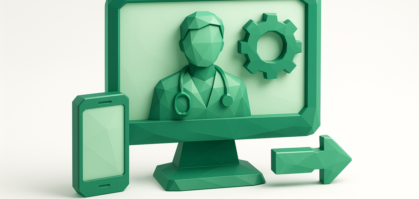 3D green illustration of telehealth workflow: computer monitor showing a doctor with stethoscope and a gear icon, beside a smartphone and an arrow symbolizing clinic telehealth automation