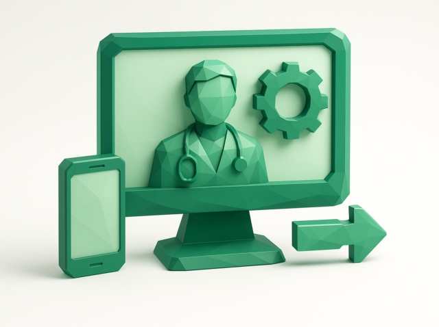 3D green illustration of telehealth workflow: computer monitor showing a doctor with stethoscope and a gear icon, beside a smartphone and an arrow symbolizing clinic telehealth automation