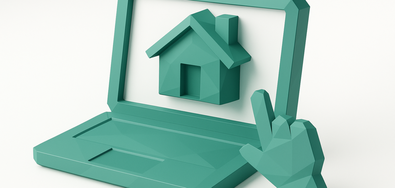 Low-poly teal 3D laptop displaying a house icon with a pointing hand cursor — concept image for AI virtual staging and online home listings