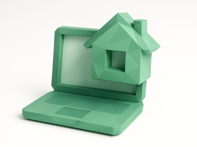 Low-poly green laptop with a house icon emerging from the screen, symbolizing AI virtual staging and online real estate tools for faster, cheaper property listings