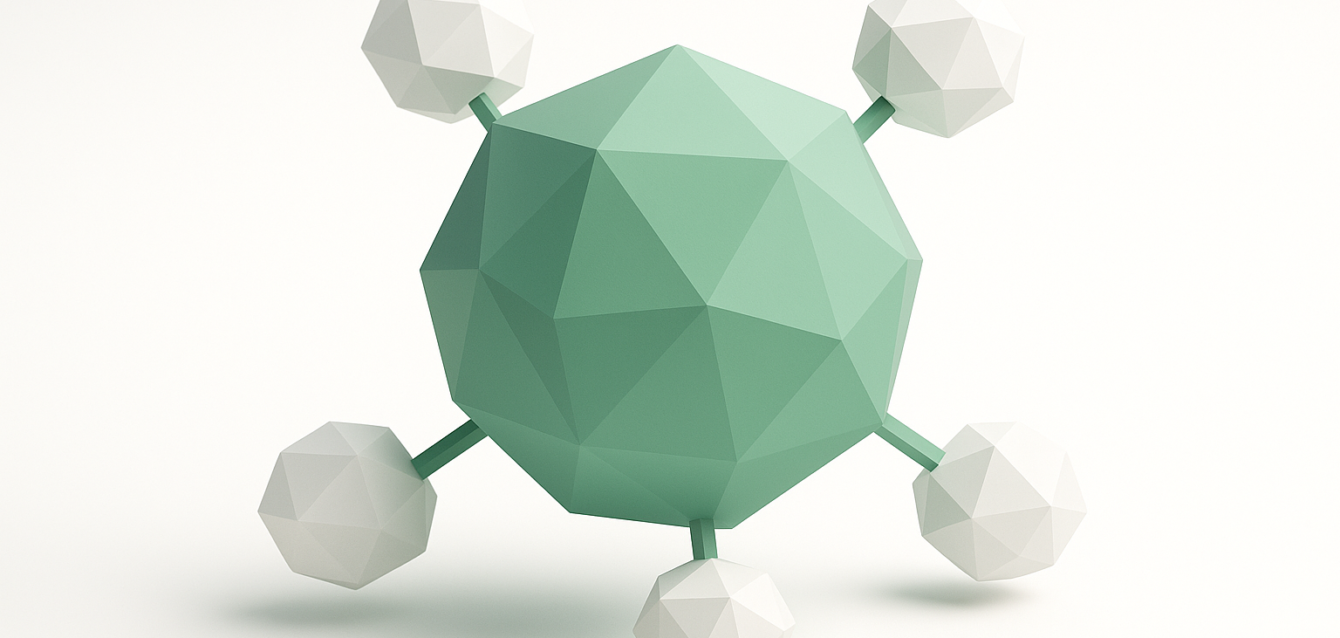 Multi-Agent System Network Illustration — Executive Guide 2026 Abstract geometric illustration of a multi-agent system: a central green polyhedral node connected to five white polyhedral nodes, symbolizing interconnected agents and coordinated network behavior for an executive guide on multi-agent systems (2026).