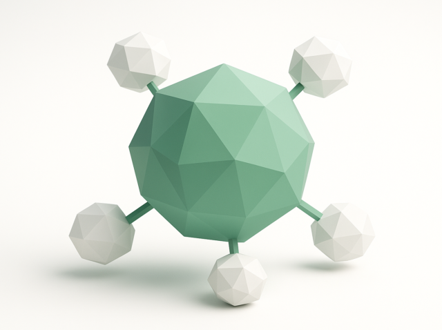Abstract geometric illustration of a multi-agent system: a central green polyhedral node connected to five white polyhedral nodes, symbolizing interconnected agents and coordinated network behavior for an executive guide on multi-agent systems (2026).