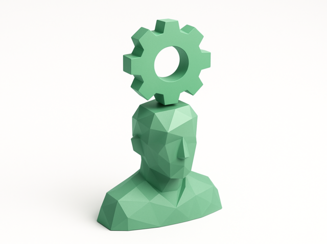 Green low-poly human bust with a gear cog above the head representing an agentic workflow, autonomous decision-making, and automation