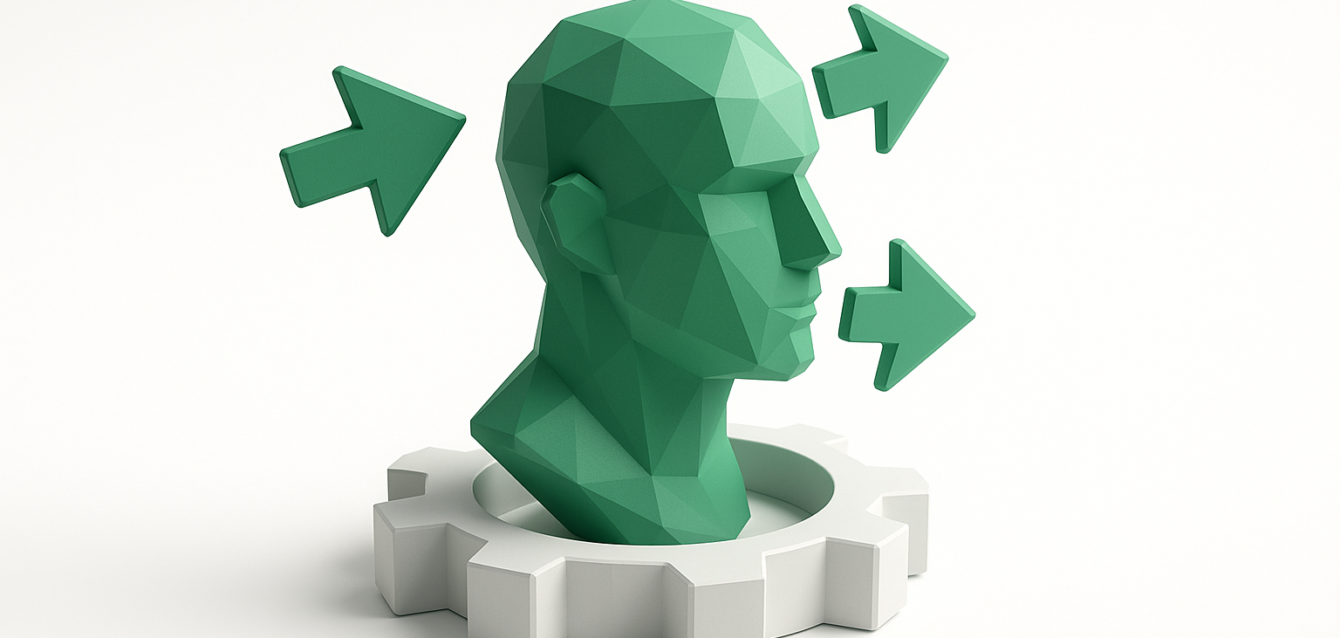 Autonomous Agent Concept — AI Decision-Making and Business Automation Low-poly green head rising from a gear with three outward arrows, representing an autonomous agent, AI decision-making and business automation