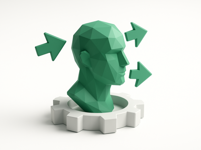 Low-poly green head rising from a gear with three outward arrows, representing an autonomous agent, AI decision-making and business automation