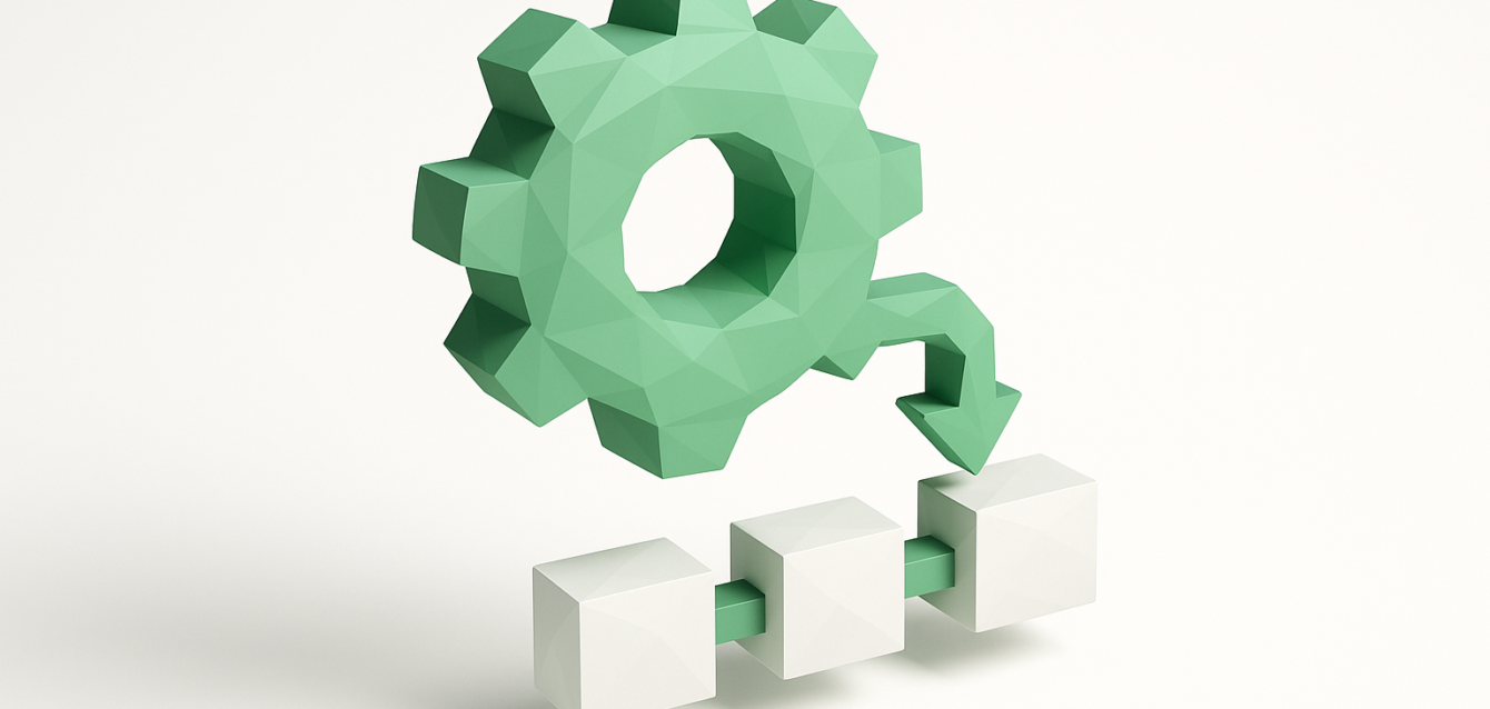 3D low-poly green gear with an arrow pointing to three connected white blocks, symbolizing business process automation (BPA) and an automated workflow