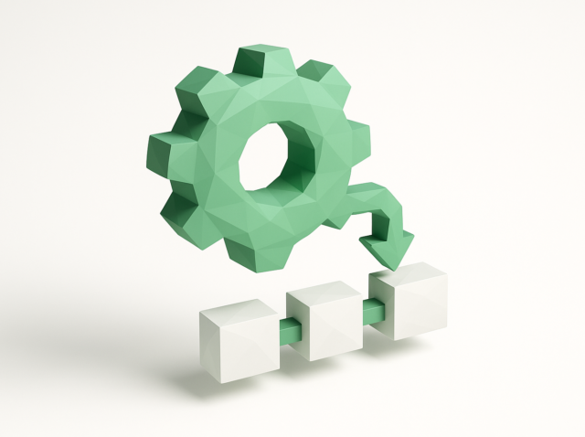 3D low-poly green gear with an arrow pointing to three connected white blocks, symbolizing business process automation (BPA) and an automated workflow