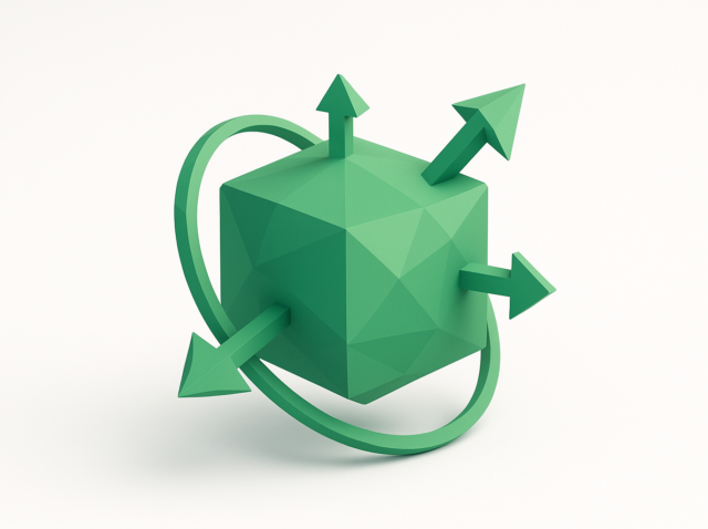 Green low-poly cube with arrows and a looping ring illustrating LangGraph architecture and modular data flows for graph-based language processing (2026 Guide)