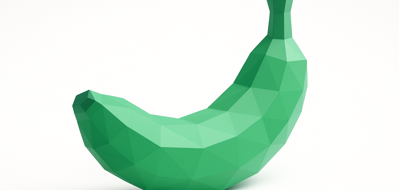 Low-poly green 3D banana on a white background representing the 'Nano Banana' concept in AI, a stylized polygonal fruit used as a symbolic toy example or dataset token for neural network experiments and model demonstrations.