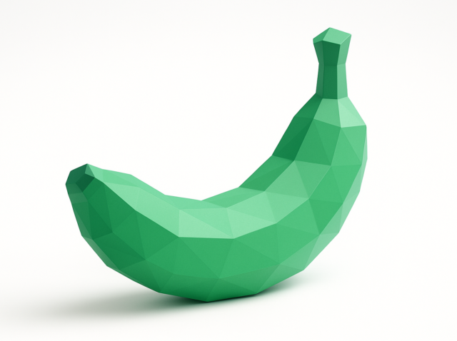 Low-poly green 3D banana on a white background representing the 'Nano Banana' concept in AI, a stylized polygonal fruit used as a symbolic toy example or dataset token for neural network experiments and model demonstrations.