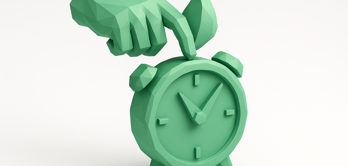 Low-poly green hand pressing a green alarm clock, symbolizing stopping manual processes to save time and accelerate business growth