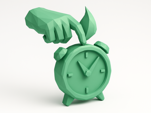 Low-poly green hand pressing a green alarm clock, symbolizing stopping manual processes to save time and accelerate business growth