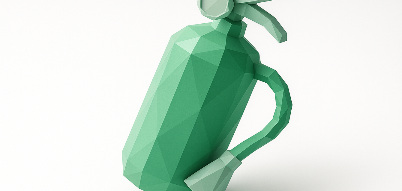 Low-poly green fire extinguisher on a white background, symbolizing extinguishing manual processes and moving to automation
