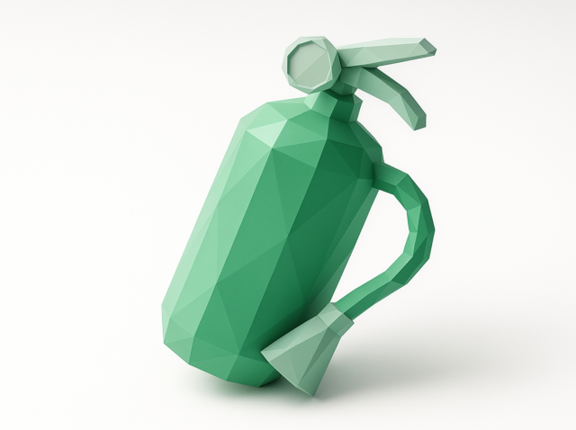Low-poly green fire extinguisher on a white background, symbolizing extinguishing manual processes and moving to automation
