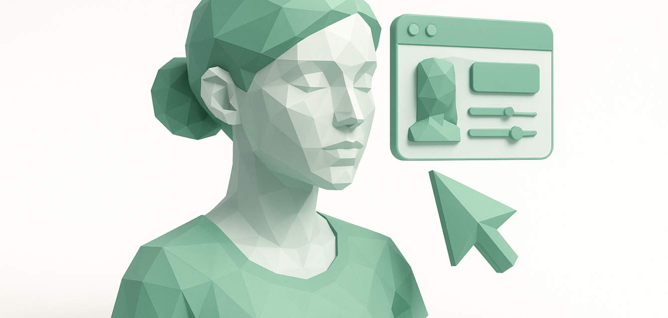Low-poly 3D female bust beside a profile editor window and large cursor, symbolizing virtual influencer creation, avatar design and AI-powered customization tools.