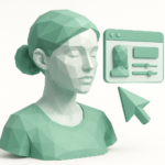 Low-poly 3D female bust beside a profile editor window and large cursor, symbolizing virtual influencer creation, avatar design and AI-powered customization tools.