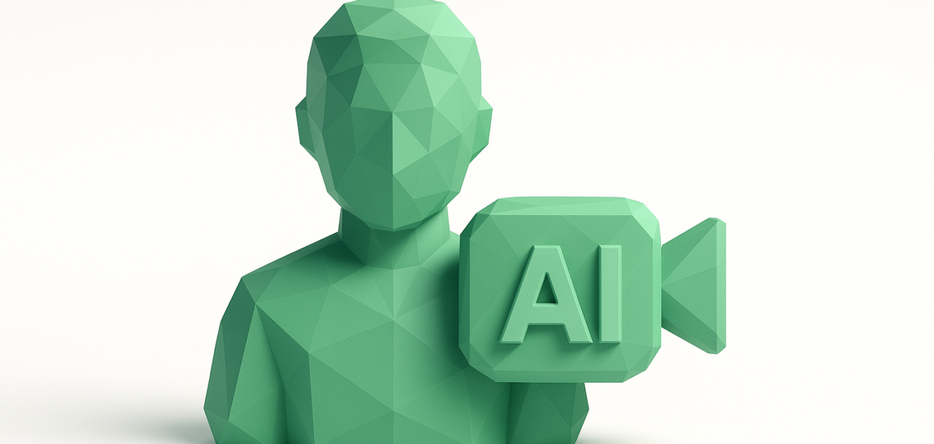 Low-poly green polygon human avatar holding a video camera icon labeled "AI", symbolizing AI-generated video avatars and virtual presenters for enterprise use in 2026.