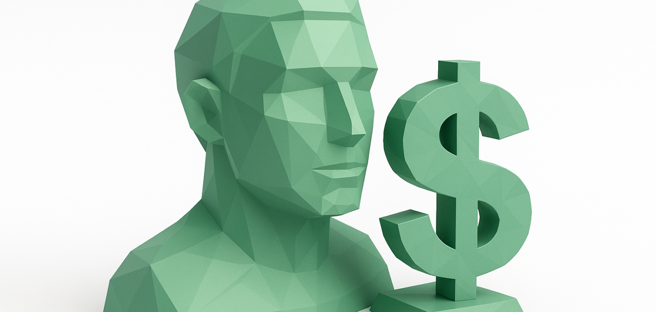 Low-poly green human bust beside a dollar sign on a white background, symbolizing AI consulting rates, fees, and pricing trends for 2026