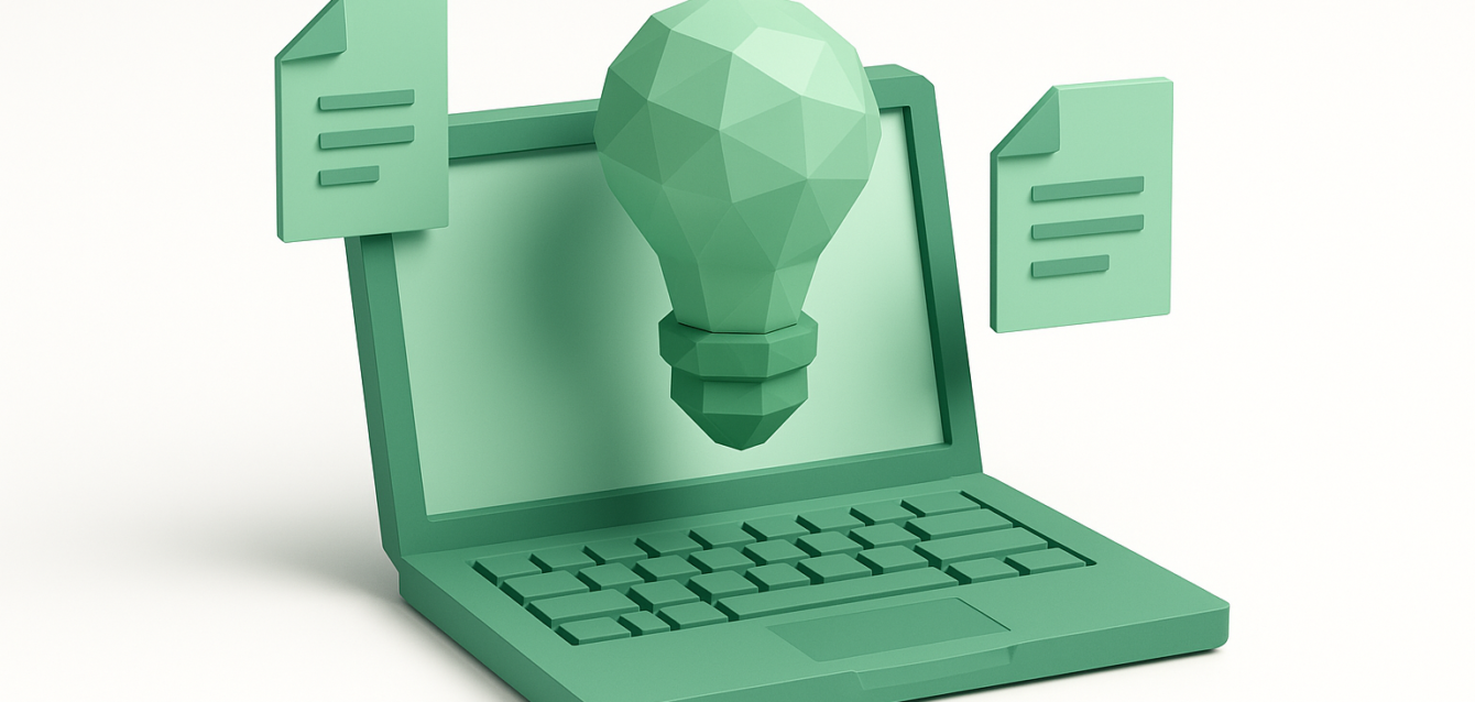 Ekrandan çıkan yönlü bir ampul ve AI metin yazarlığı araçlarını ve içerik fikirlerini temsil eden yüzen belge simgeleri ile stilize edilmiş yeşil 3D dizüstü bilgisayar.