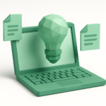 Stylized green 3D laptop with a faceted lightbulb emerging from the screen and floating document icons, representing AI copywriting tools and content ideas.