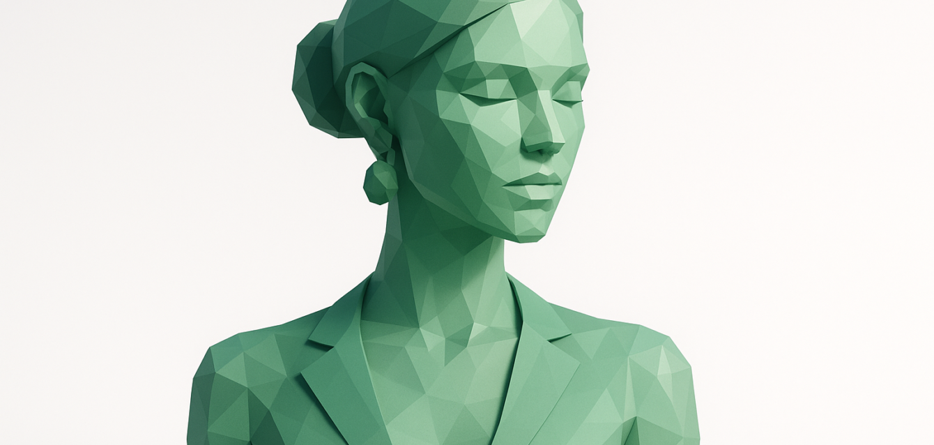 AI Fashion Model Generation 2026 — Low-Poly Virtual Model for Cost Reduction Low-poly green 3D AI-generated fashion model bust wearing a blazer, visualizing cost-saving virtual model generation for fashion in 2026