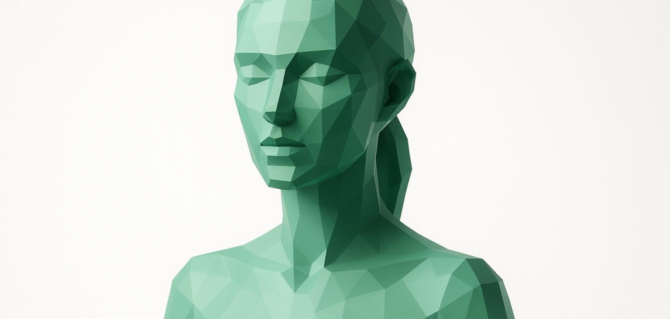 AI-Generated Low-Poly Fashion Model Bust for E-Commerce Visualization Low-poly green 3D mannequin bust symbolizing AI-generated fashion models for e-commerce product visualization and virtual try-on