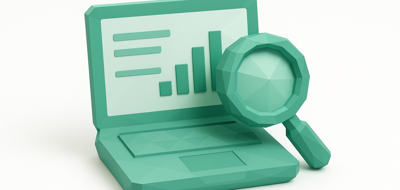 Yapay zekaya dayalı SEO anahtar kelime araştırması ve strateji hazırlığını temsil eden, büyüteçli bir çubuk grafik gösteren bir dizüstü bilgisayarın 3D deniz mavisi illüstrasyonu