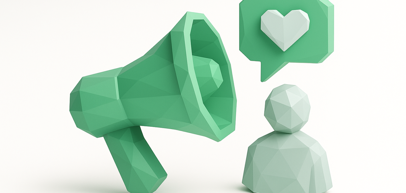 3D low-poly green megaphone next to a stylized user icon with a heart speech bubble, representing AI influencer marketing, audience engagement, and brand growth