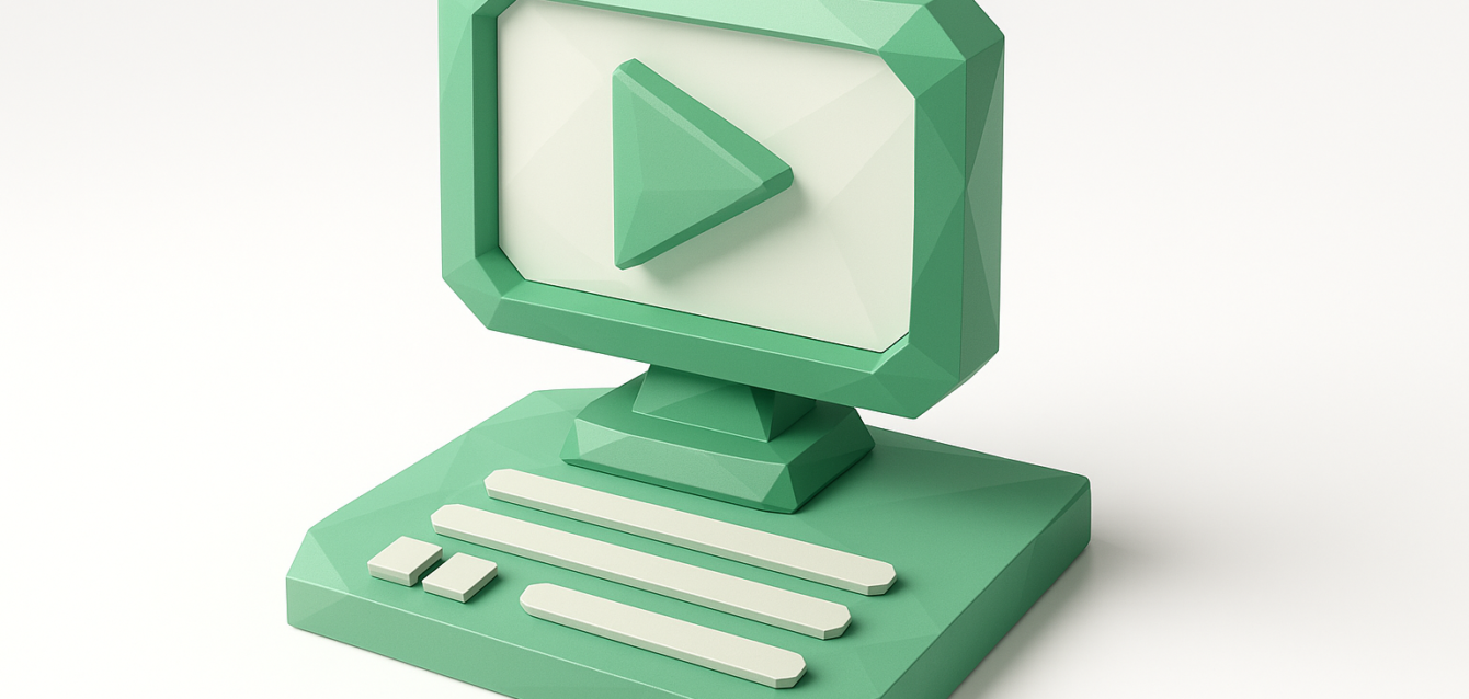 Ekranda bir oynat düğmesi ve tabanda AI video altyazısını, altyazıları ve transkript araçlarını simgeleyen yatay altyazı benzeri çizgiler gösteren düşük poli yeşil masaüstü monitörü.