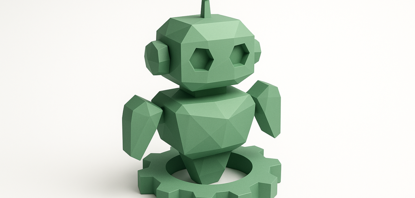 Anthropic Claude: Enterprise Automation 2026 - Green Robot Gear Icon Low-poly green robot standing inside a gear on a white background, symbolizing Anthropic Claude and enterprise automation in 2026