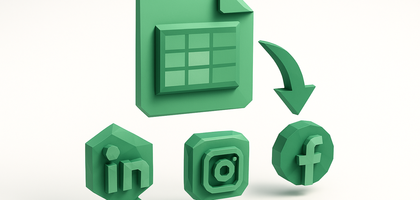 Google E-Tablolar'dan sosyal medyaya otomatik gönderimi temsil eden LinkedIn, Instagram ve Facebook simgelerine işaret eden bir ok içeren 3B yeşil elektronik tablo simgesi