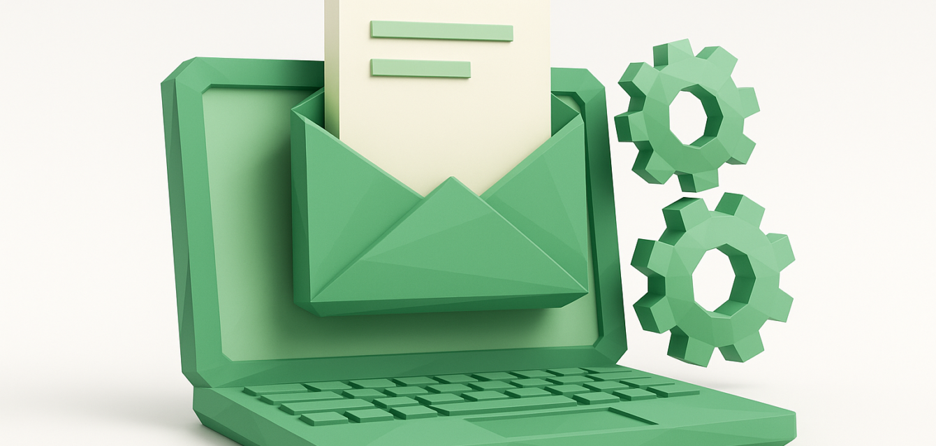 Dişlilerin yanında açık bir zarf ve belge bulunan 3D yeşil dizüstü bilgisayar, zamandan tasarruf etmek ve güncel kalmak için bülteninizi otomatikleştirmeye yönelik görsel konsept