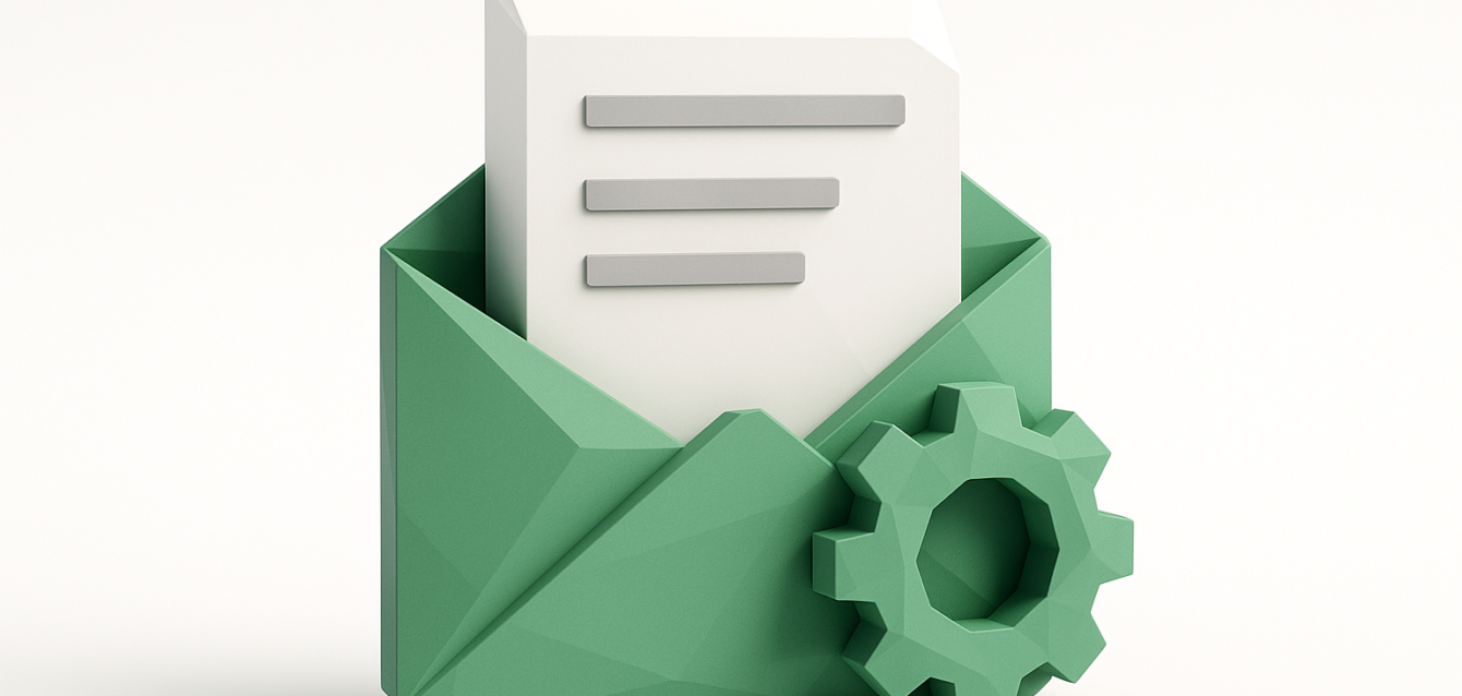 2026 için otomatik bülten oluşturma, e-posta otomasyonu ve iş akışı optimizasyonunu simgeleyen, dişli simgeli beyaz bir belge tutan 3B yeşil zarf.