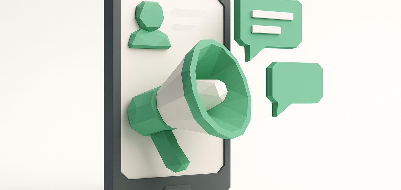 Automating AI Influencer Social Posts 2026 — Smartphone Megaphone Illustration 3D low-poly illustration of a smartphone with a megaphone and chat bubbles, symbolizing automated AI influencer social posts, messaging and promotion workflows in 2026.