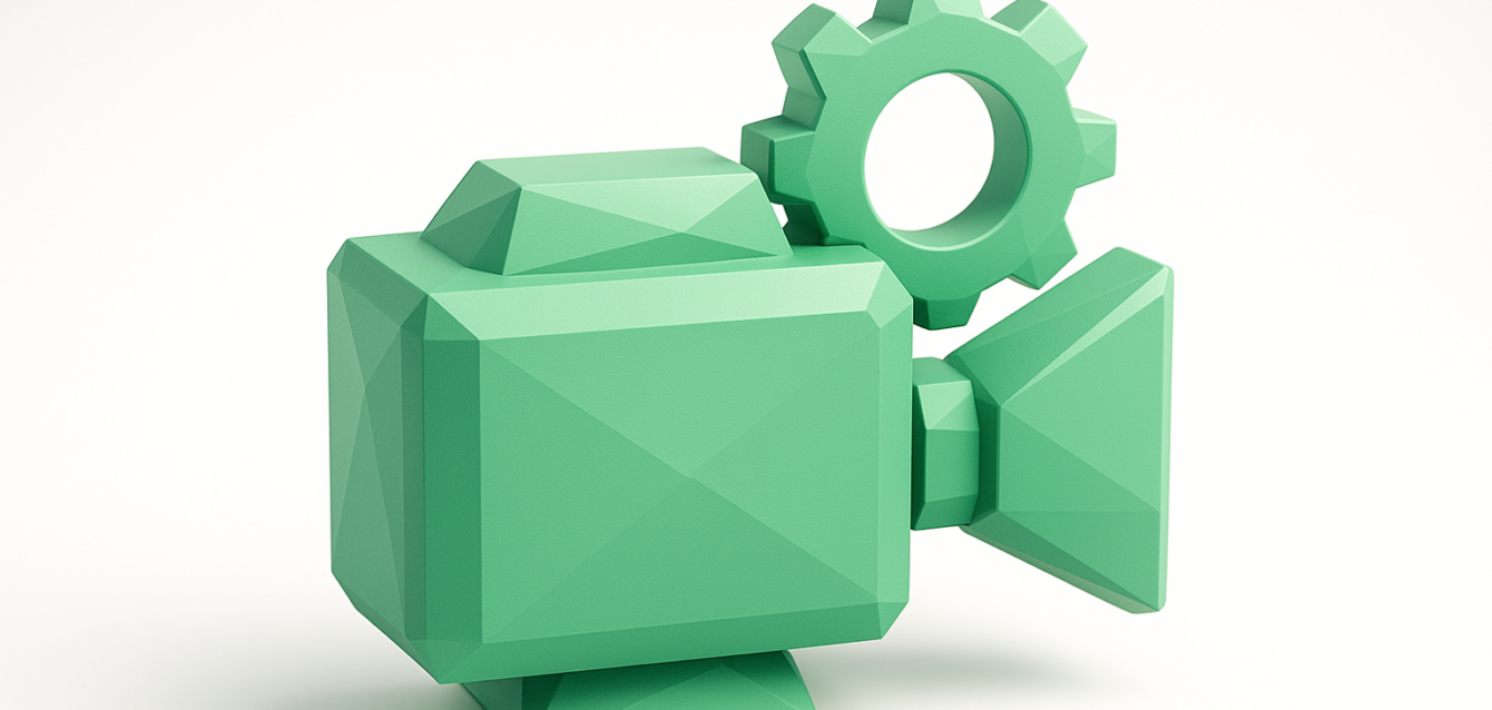 Instagram Reels otomasyonunu ve ölçeklenebilir video oluşturma iş akışlarını temsil eden dişli simgeli stilize yeşil 3D video kamera