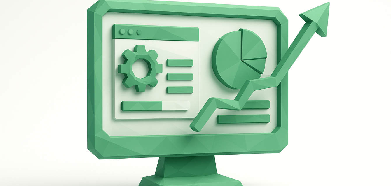 Automating Reporting Dashboards – Automated Analytics Dashboard Illustration 3D green illustration of a reporting dashboard on a monitor showing a gear icon, pie chart, and upward arrow, representing automated analytics and streamlined month-end reporting.