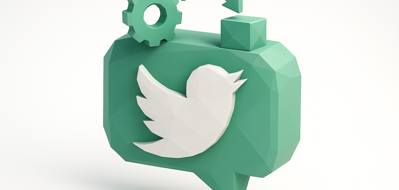 Beyaz bir Twitter kuşu, dişli ve bir küpü işaret eden ok ile 3D yeşil konuşma balonu, Twitter konularını otomatikleştirmek için otomasyonu ve iş akışlarını simgeliyor.