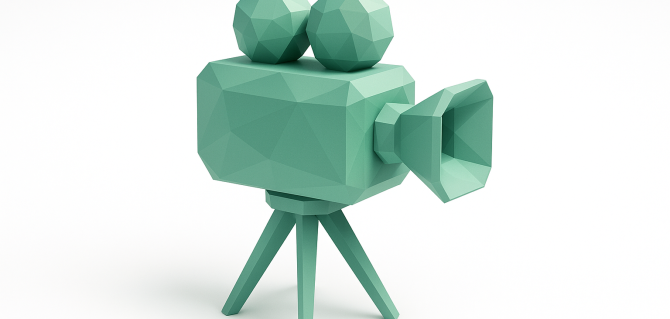 2026'da viral kısa biçimli videolar oluşturmak için yapay zeka destekli otomasyonu simgeleyen tripod üzerinde düşük poli deniz mavisi film kamerası illüstrasyonu